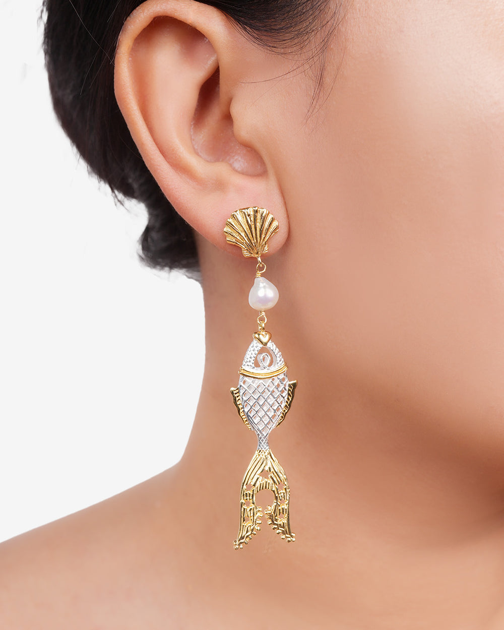 Golden Fish With Clam And Pearl Silver Earrings