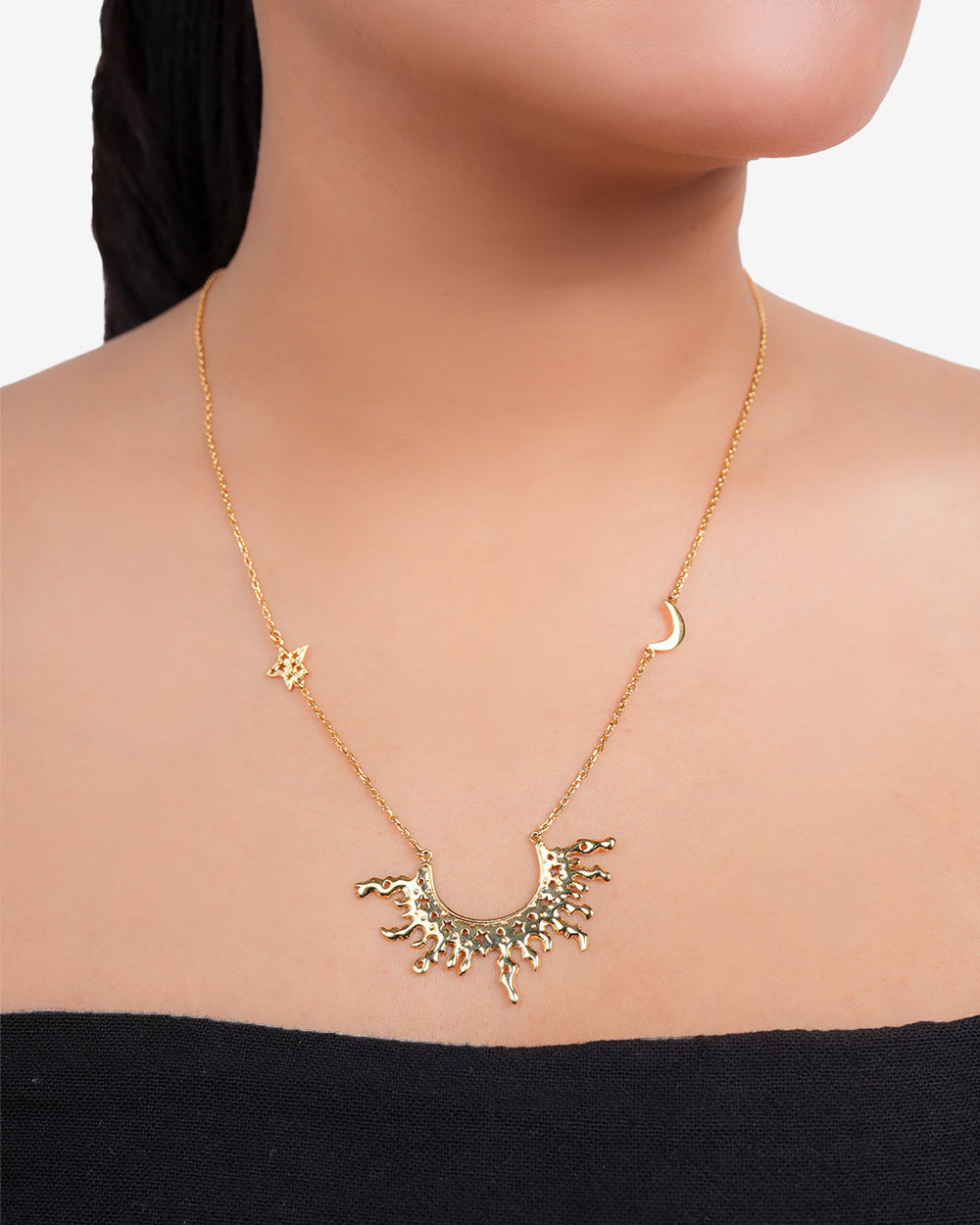 Half Sun Amulet Necklace With Star And Moon On The Chain