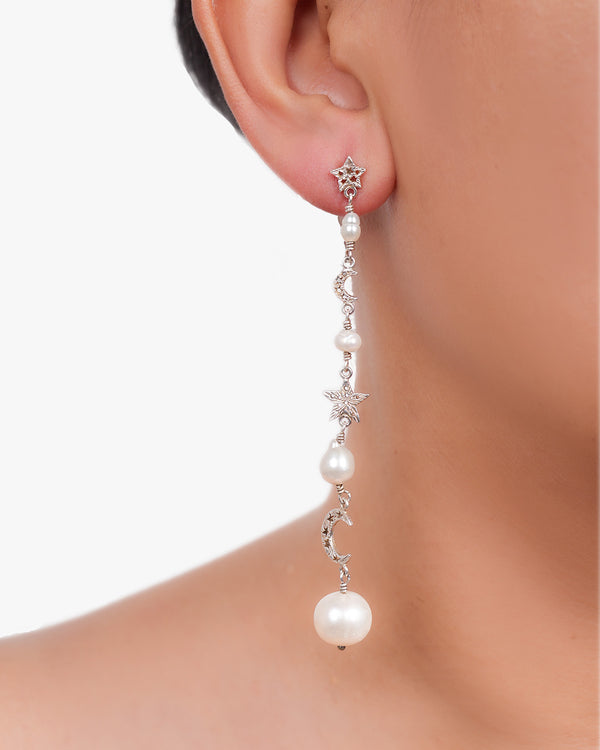 Long Pearl Earrings With Moon And Star