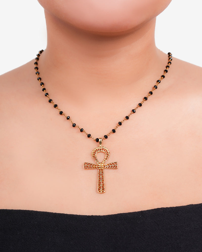 Pendant With The Ankh Symbol On Silver Chain With Black Spinel Stones