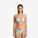 Front view of a model wearing the Sissy bikini set in a glossy wet-blue finish, featuring a versatile two-way triangle top and side-tie bottoms.