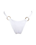 A bikini Bali White high-waist bikini bottoms with gold ring accents, a stylish women's swimwear choice for Bali beach clubs.