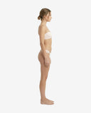Side profile of the baby pink strapless bikini showcasing the stretchy biflex net fabric and high-cut leg silhouette