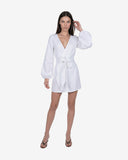 White linen wrap dress