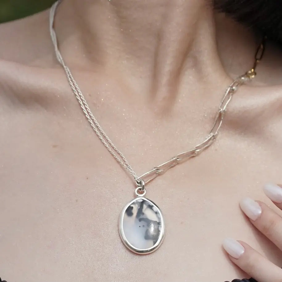 Dendritic Opal Layered Necklace handcrafted in Bali silver jewelry, boho-chic style available at Bonjour Bali