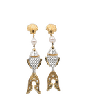 Golden Fish With Clam And Pearl Silver Earrings