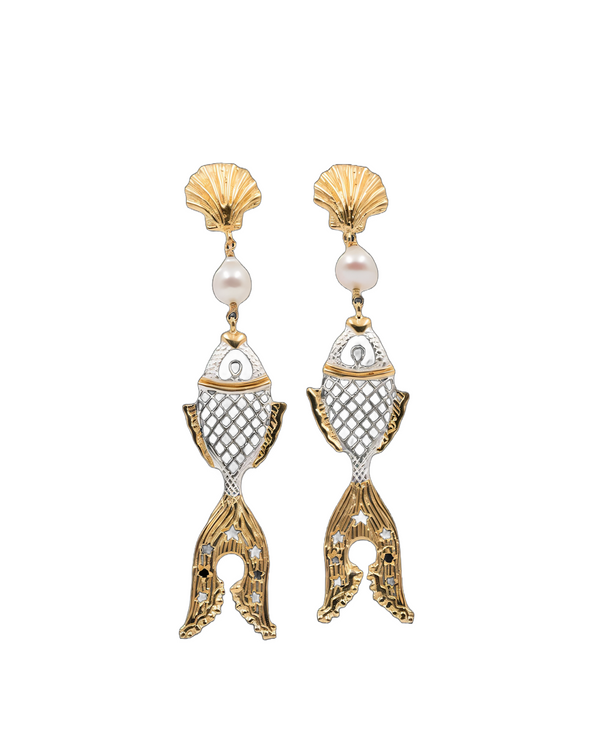 Golden Fish With Clam And Pearl Silver Earrings
