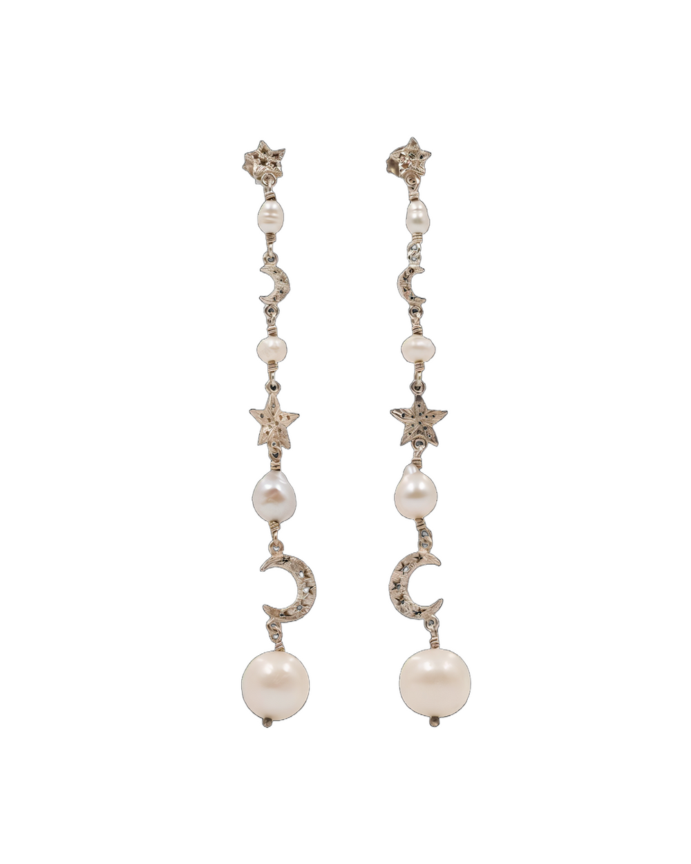 Long Pearl Earrings With Moon And Star