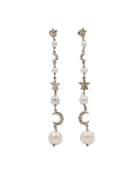 Long Pearl Earrings With Moon And Star