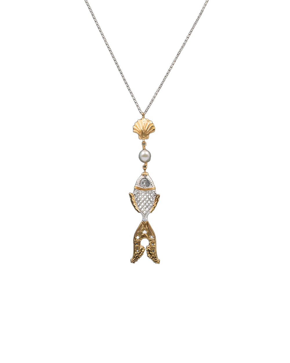 Golden Fish With Clam And Pearl Silver Necklace