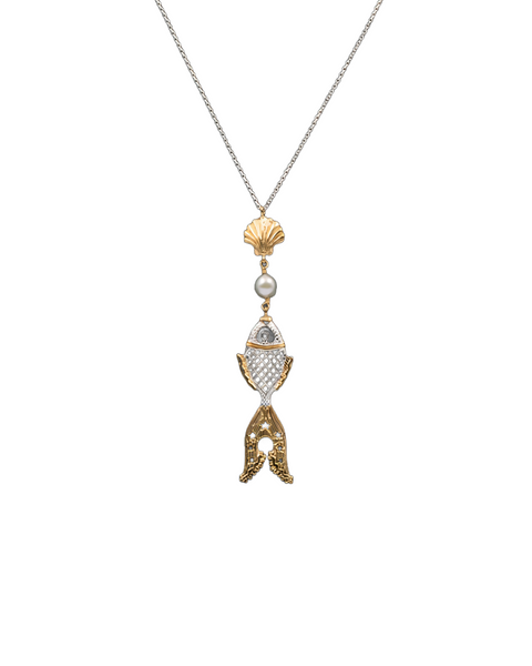 Golden Fish With Clam And Pearl Silver Necklace