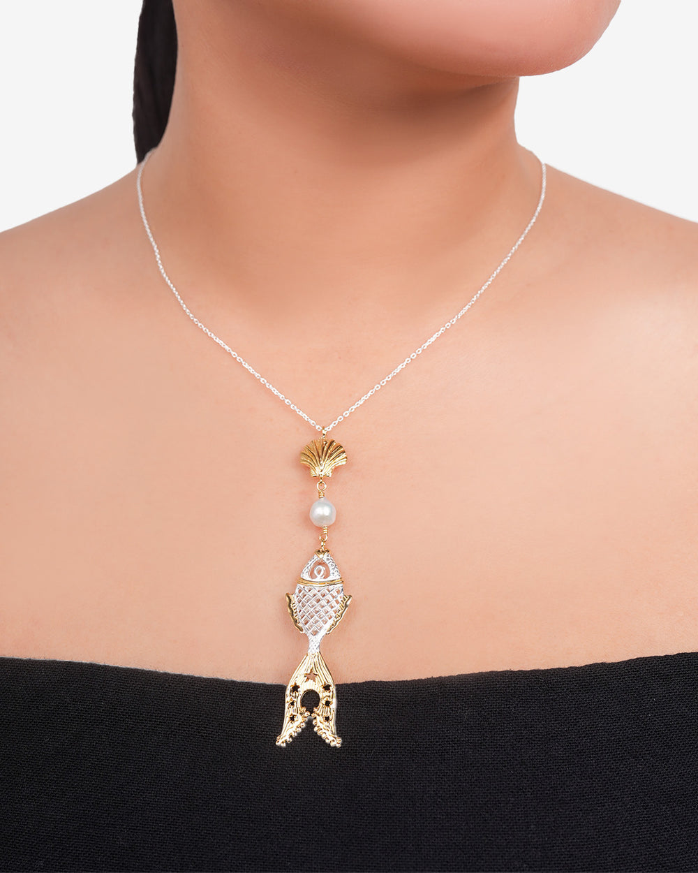 Golden Fish With Clam And Pearl Silver Necklace
