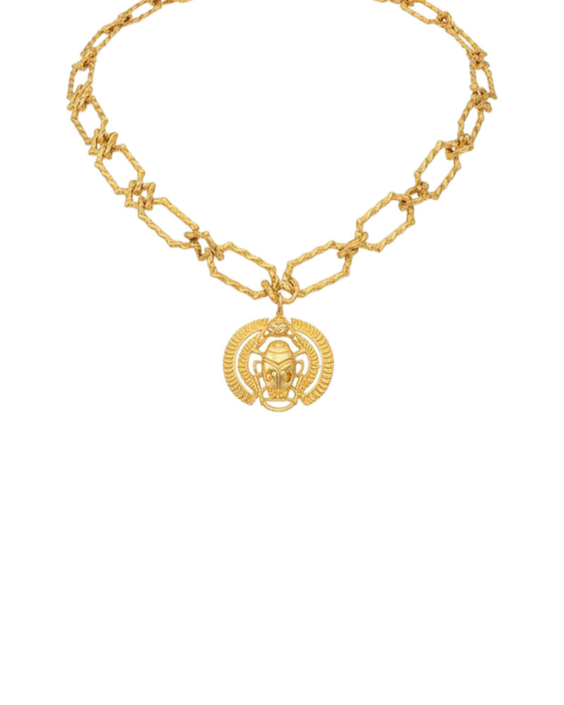 Brass Linked Chain Choker With Scarab Pendant