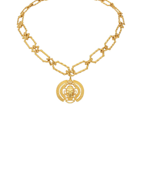 Brass Linked Chain Choker With Scarab Pendant