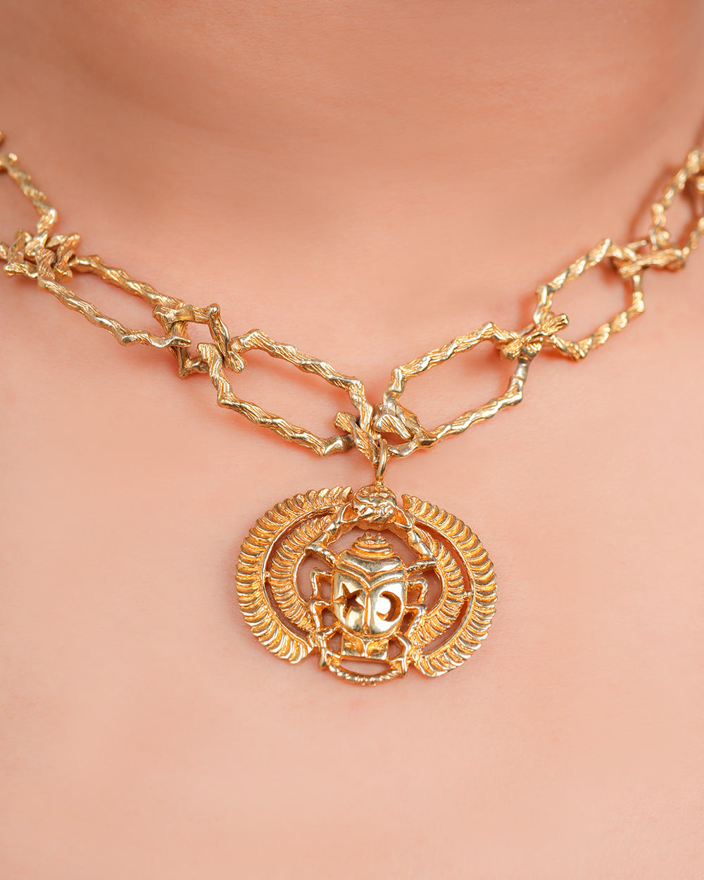 Brass Linked Chain Choker With Scarab Pendant