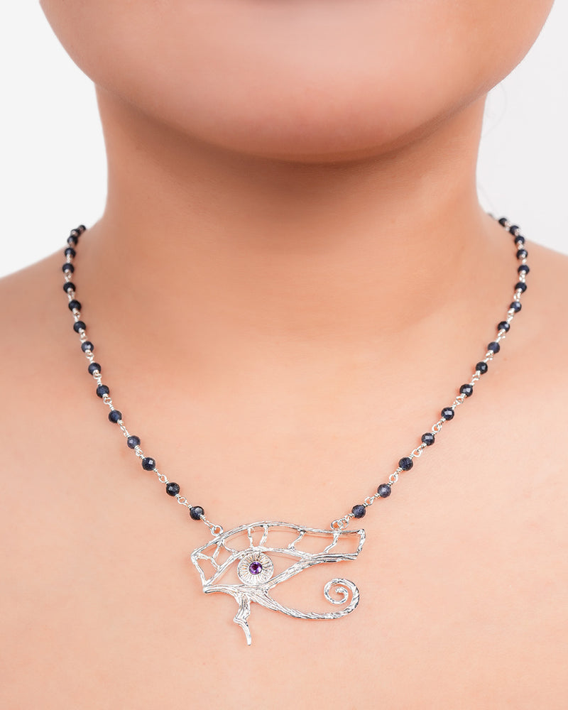 Pendant Eye of Horus On Silver Chain With Stones Blue Jade