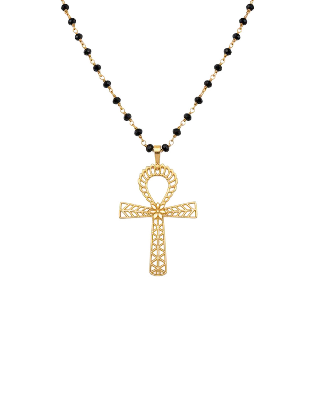 Pendant With The Ankh Symbol On Silver Chain With Black Spinel Stones