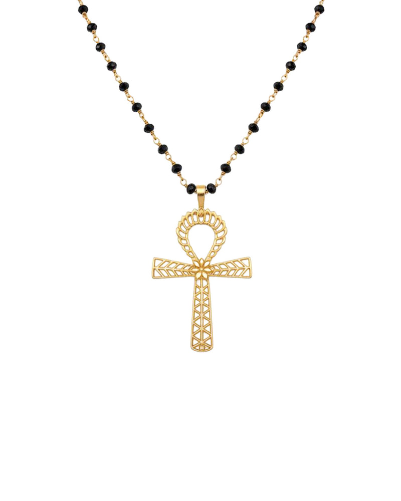 Pendant With The Ankh Symbol On Silver Chain With Black Spinel Stones