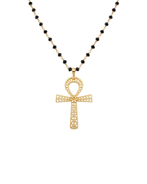 Pendant With The Ankh Symbol On Silver Chain With Black Spinel Stones