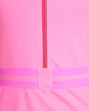 Close-up of the pink Italian biflex Morea fabric and waist stripe detailing, showing the flat enclosed seams and high-quality texture.