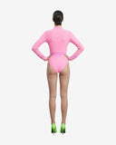 Back view of the one-piece surfing swimsuit highlighting the full-coverage design and ergonomic seams for active movement.
