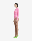 Side profile of the pink lycra surfing swimsuit showcasing the sleek athletic fit and high-performance Italian biflex fabric.