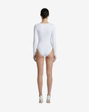 Back view of the Rose white one-piece swimsuit highlighting the full-coverage design and high-quality Italian biflex fabric.
