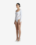 Side profile of the white long-sleeve swimwear showcasing the sleek fit and breathable mesh inserts on the waist and chest.