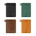 Detailed front shot of the Draft8 minimalist green leather cardholder with pull strap and ring loop