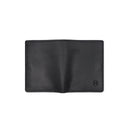 Back view of open black Draft-8 leather wallet showing full exterior surface.

