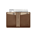 Open camel leather wallet by Draft-8 showing interior layout and card slots – handcrafted minimalist design

