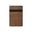 Open front view of brown leather wallet by draft-8 with elastic strap

