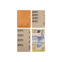Draft-8 LOCAL camel leather wallet displayed with sample cards and banknote to show capacity and organization.
