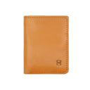 Front view of camel Draft-8 LOCAL leather wallet with embossed logo.
