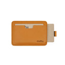 Draft-8 SIDE card holder in brown leather with sample cardboard cards. Slim RFID-blocking wallet