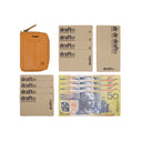 Draft-8 Spin wallet in brown vegetable-tanned leather with zipper closure and external card slot. Premium handcrafted design combining functionality