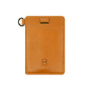 Front angle of the Draft8 brown leather cardholder showing its stitched edges