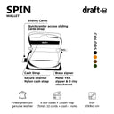 Draft-8 Spin wallet in camel vegetable-tanned leather with visual display of card and cash capacity. Image includes wallet