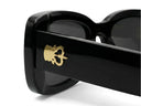 Black sunglasses with dark lenses on a white background